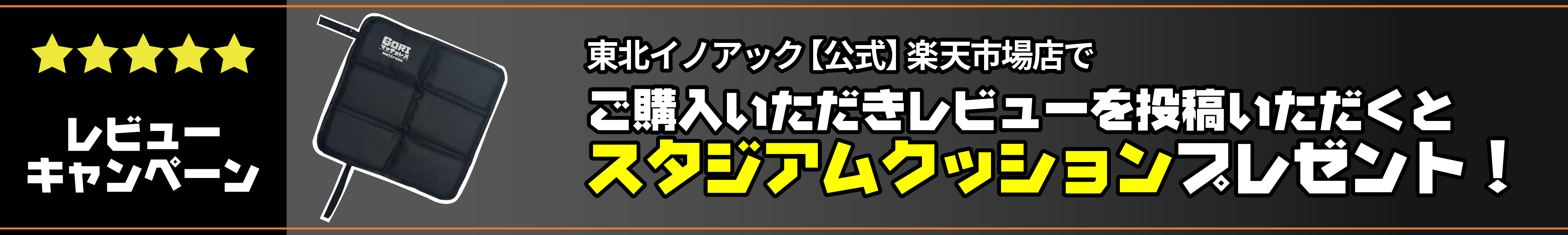 レビューキャンペーン。ご購入いただきレビュー投稿いただくと、スタジアムクッションプレゼント。