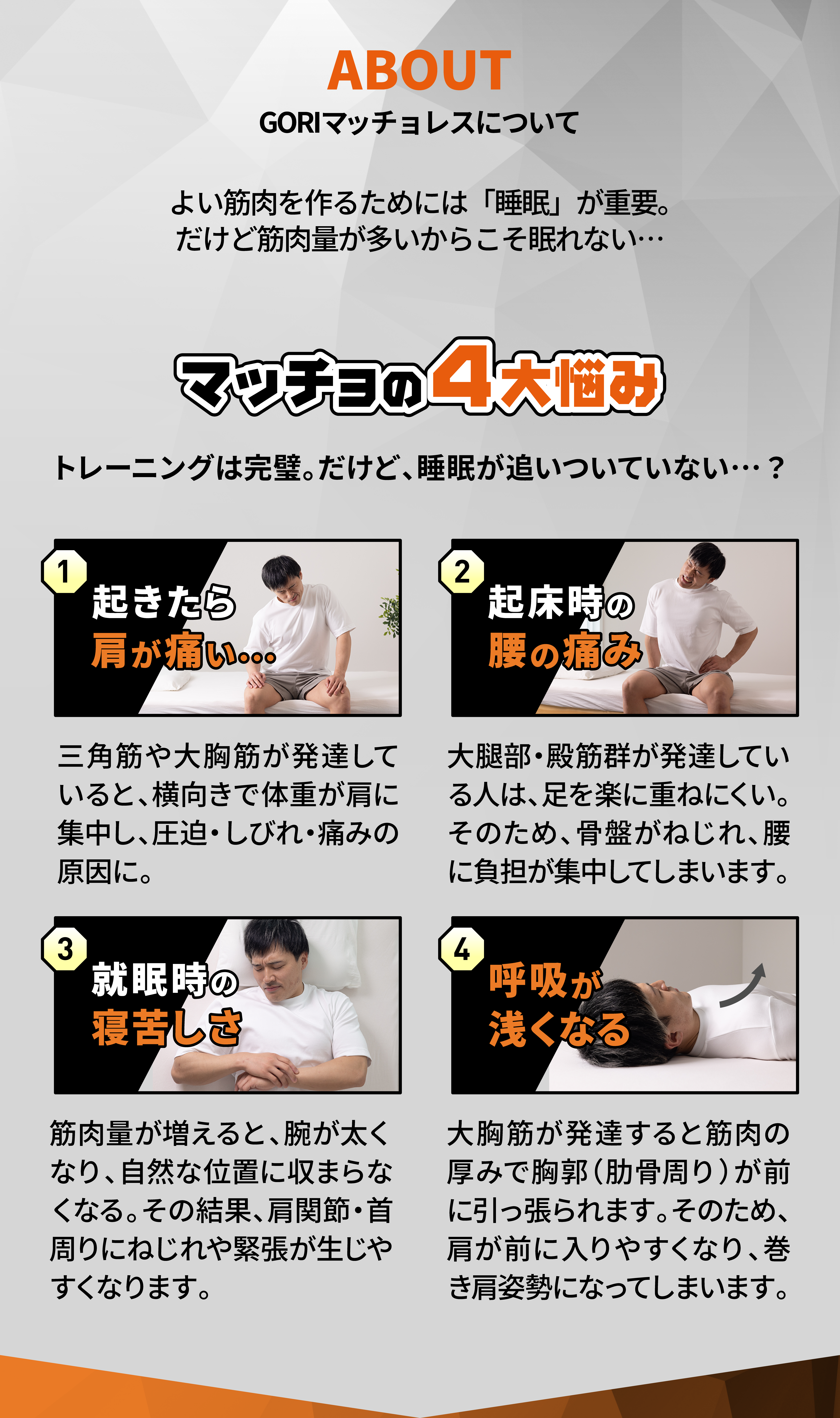 ABOUT GORIマッチョレスについて。よい筋肉を作るためには「睡眠」が重要。だけど筋肉量が多いからこそ寝れない。 マッチョの4大悩み。 トレーニングは完璧。だけど、睡眠が追いついていない。1:朝起きたら肩が痛い。三角筋や大胸筋が発達していると、横向きで体重が肩に集中し、圧迫、しびれ、痛みの原因に。2:起床時の腰の痛み。大腿部、殿筋群が発達している人は、足を楽に重ねにくい。そのため、骨盤がねじれ、腰に負担が集中してしまいます。3:就寝時の寝苦しさ。筋肉量が増えると、腕が太くなり、自然な位置に収まらなくなる。その結果、肩関節、首周りのねじれや緊張が生じやすくなります。4:呼吸が浅くなる。大胸筋が発達すると筋肉の厚みで胸郭 肋骨周りが前に引っ張られます。そのため、肩が前に入りやすくなり、巻き肩姿勢になってしまいます。