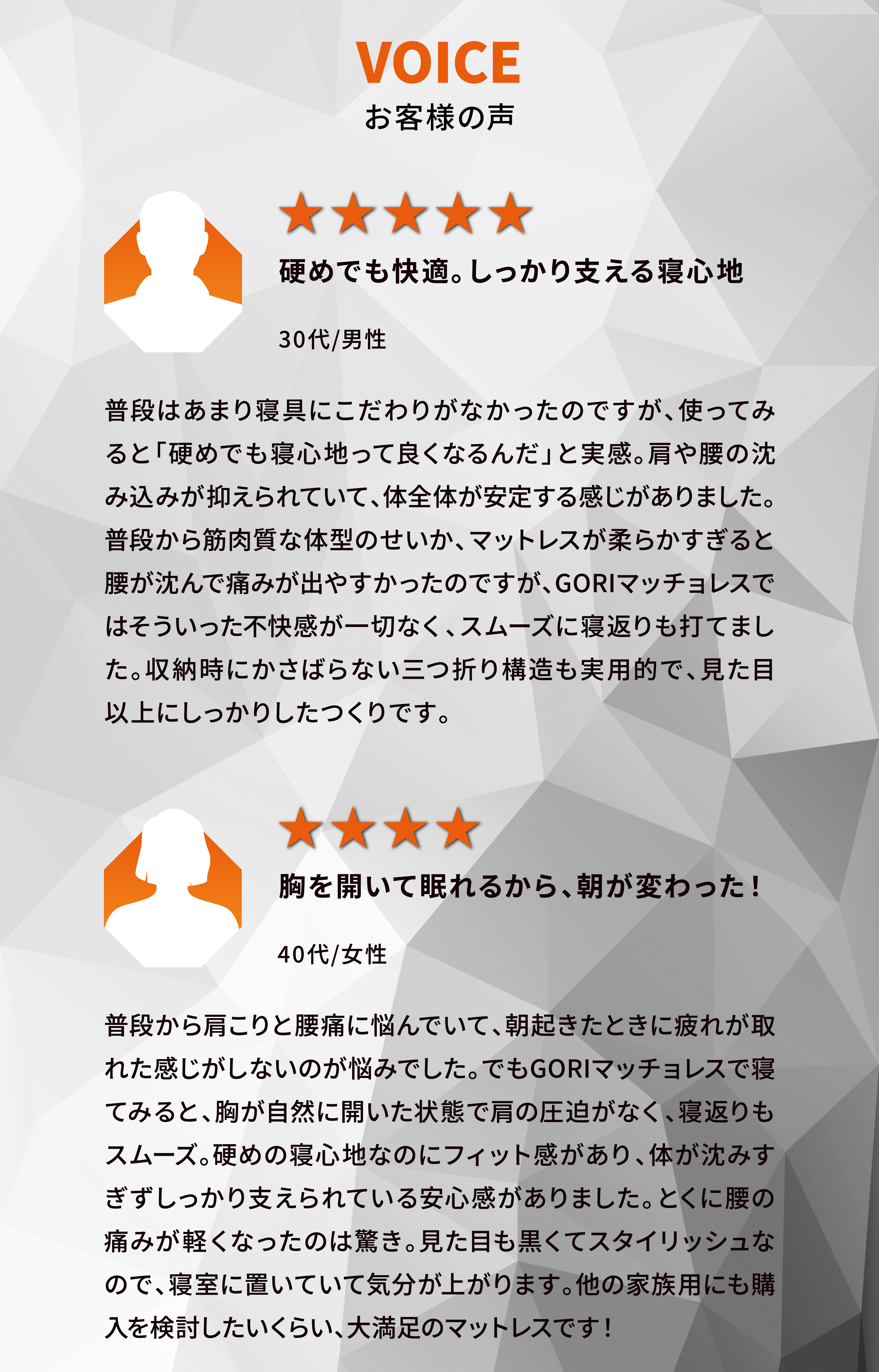 お客様の声。硬めでも快適、しっかり支える寝心地。胸を開いて眠れるから、朝が変わった。